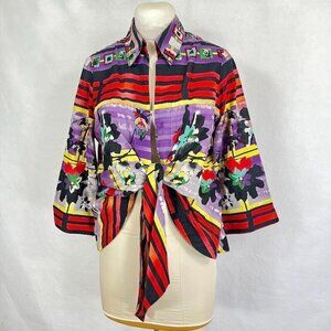 Mishca Front Tie Multi Colored Blouse 3/4 Length Sleeves Abstract Floral Artsy